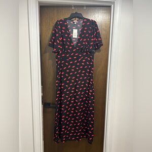 Black and Red Midi Short Sleeve Sundress with Flutter Sleeves